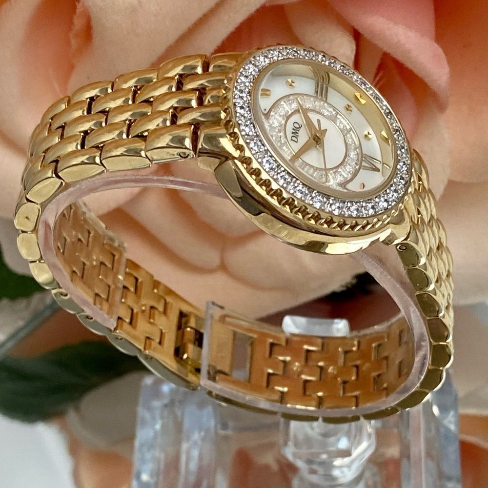 DMQ Diamonique CZ Bezel Mother of Pearl Dial Gold-Tone Dress Watch - Picture 6 of 16
